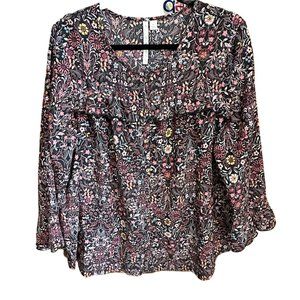 Lauren Conrad LC women’s size XL black floral button Boho ruffle bell sleeve top
